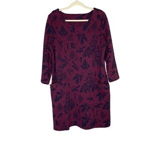 Joules purple tunic dress w pockets navy leaf relief print. Long sleeve. Size 12